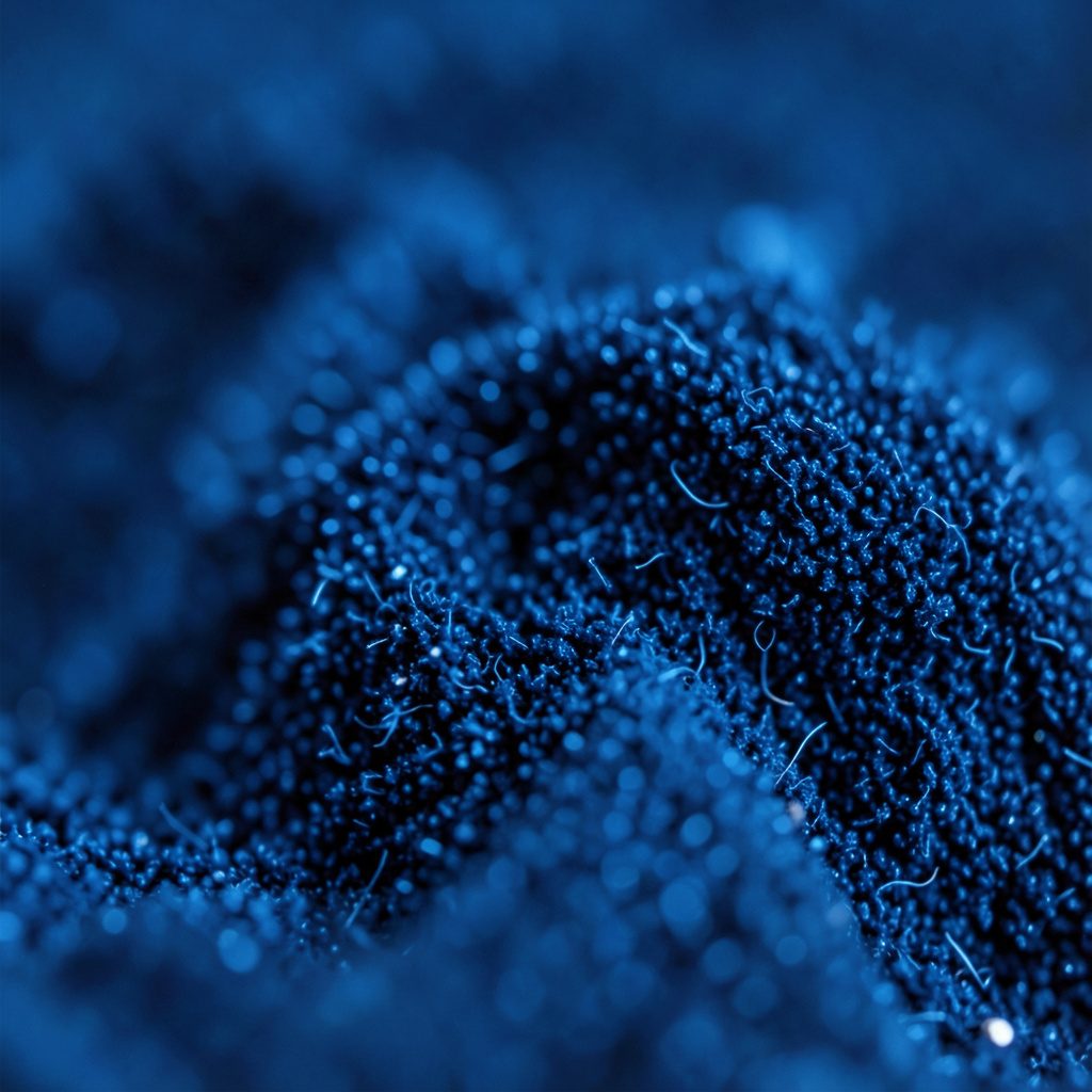 Close-up photograph of dark blued steel with a matte industrial finish, subtle machining marks catching low directional light, deep charcoal and navy tones